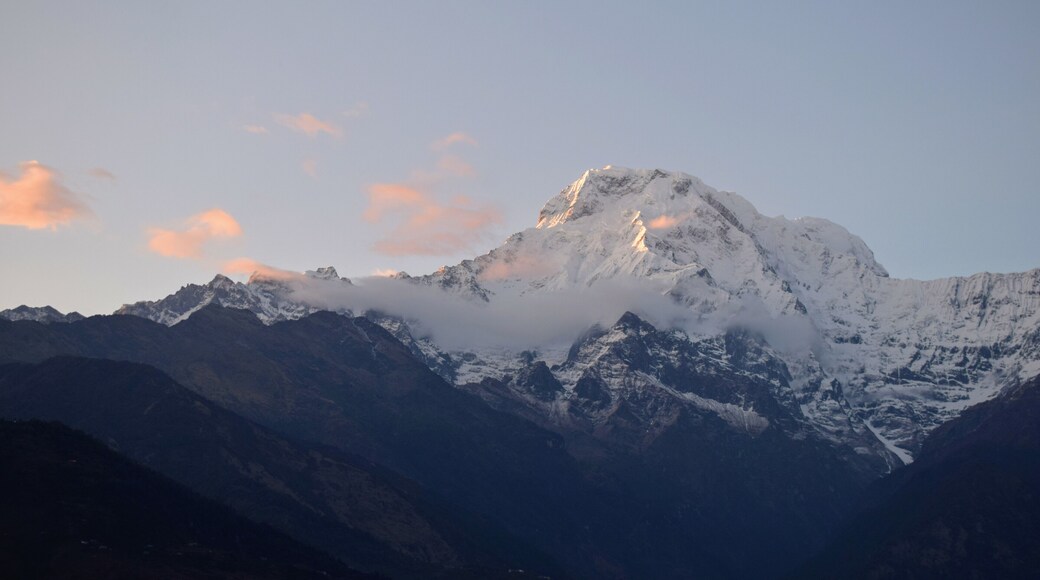 Seen from the town of Landruk, this is Annapurna II at sunset. Hiking through the Annapurna Sanctuary, Annapurna II frequently looms on the horizon. If you're hiking through Landruk, I highly recommend that you stay in the Super View Guesthouse at the start of town. The name is very apt and the super views will not disappoint. #annapurna #nepal #hiking #trekking #himalayas