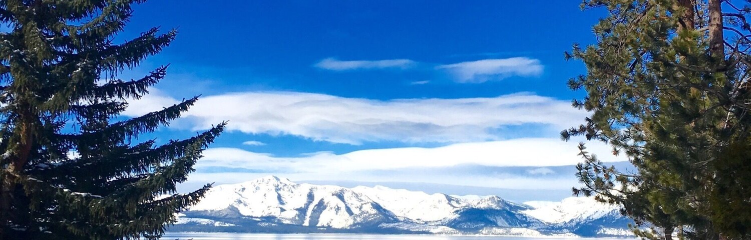 Paisaje nevado con un lago, montañas y árboles de hoja perenne.