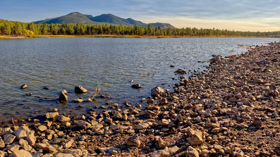 A rocky shoreline with a calm lake, surrounded by dense forests and mountains in the background.