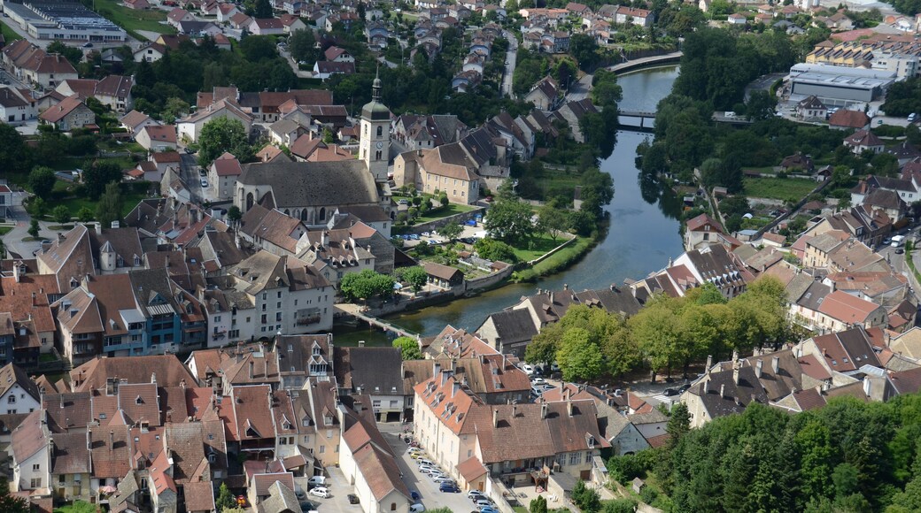 Aerial view of Ornans centre of the village, as can be seen when walking at the hills North