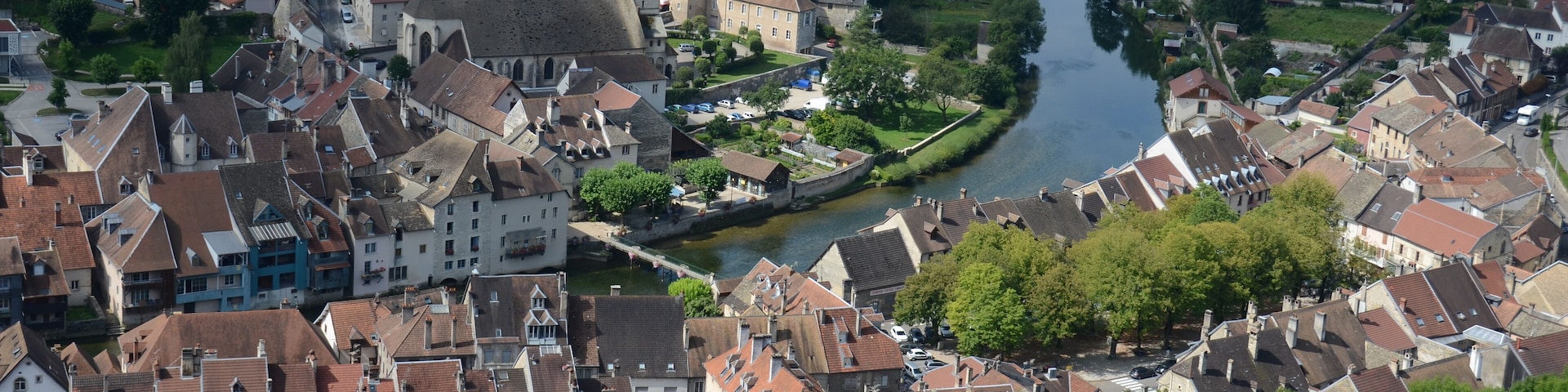 Aerial view of Ornans centre of the village, as can be seen when walking at the hills North