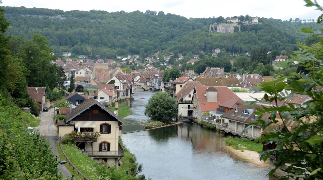 Overview of the village Ornans along the Loueriver in the French Jura