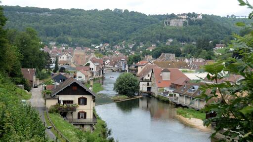 Overview of the village Ornans along the Loueriver in the French Jura