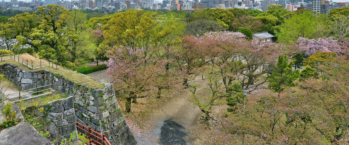 View from the ruins of Maizuru castle: Ohori park and Fukuoka skyline. Fukuoka city, Japan. 04-07-2015