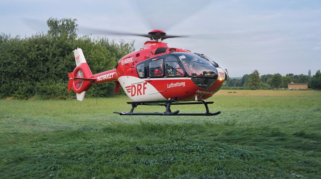 DRF Luftrettung Eurocopter EC135 P2 "Christoph 44" air ambulance helicopter (reg. D-HDRK, s/n 0477) during takeoff in Göttingen, Germany. Christoph 44 is called through PSAP Göttingen and stationed at the university hospital of the Georg-August-University of Göttingen.