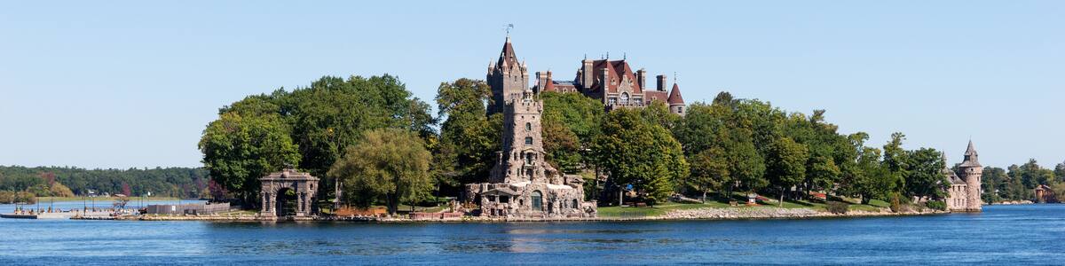 Panorama from the historic Boldt Castle in the 1000 Islands region of New York State on Heart Island in St. Lawrence River
