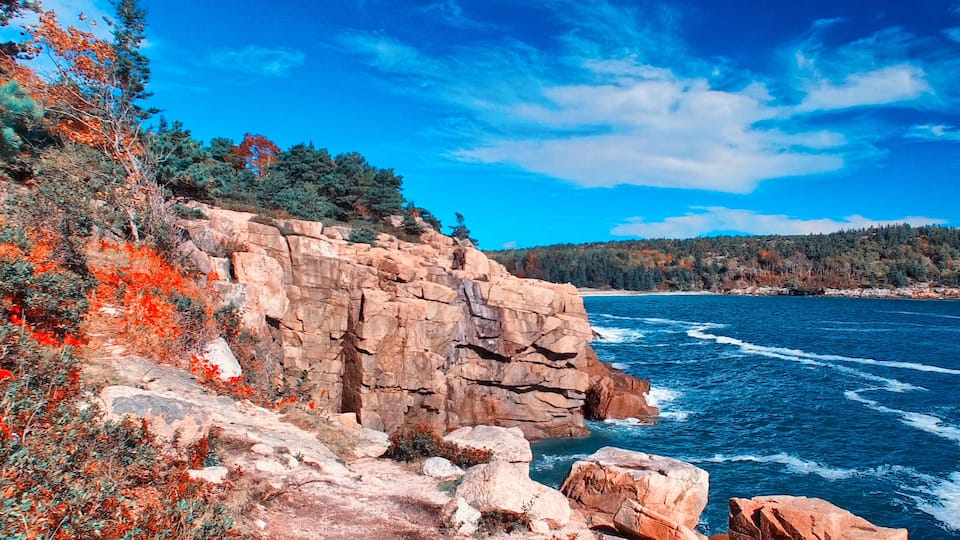 A rocky coastline with a clear blue sea, autumn-colored trees, and a forested hill in the background.