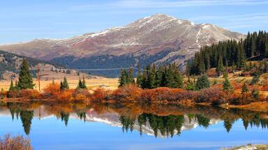 A mountain range with a lake reflecting the scenery.