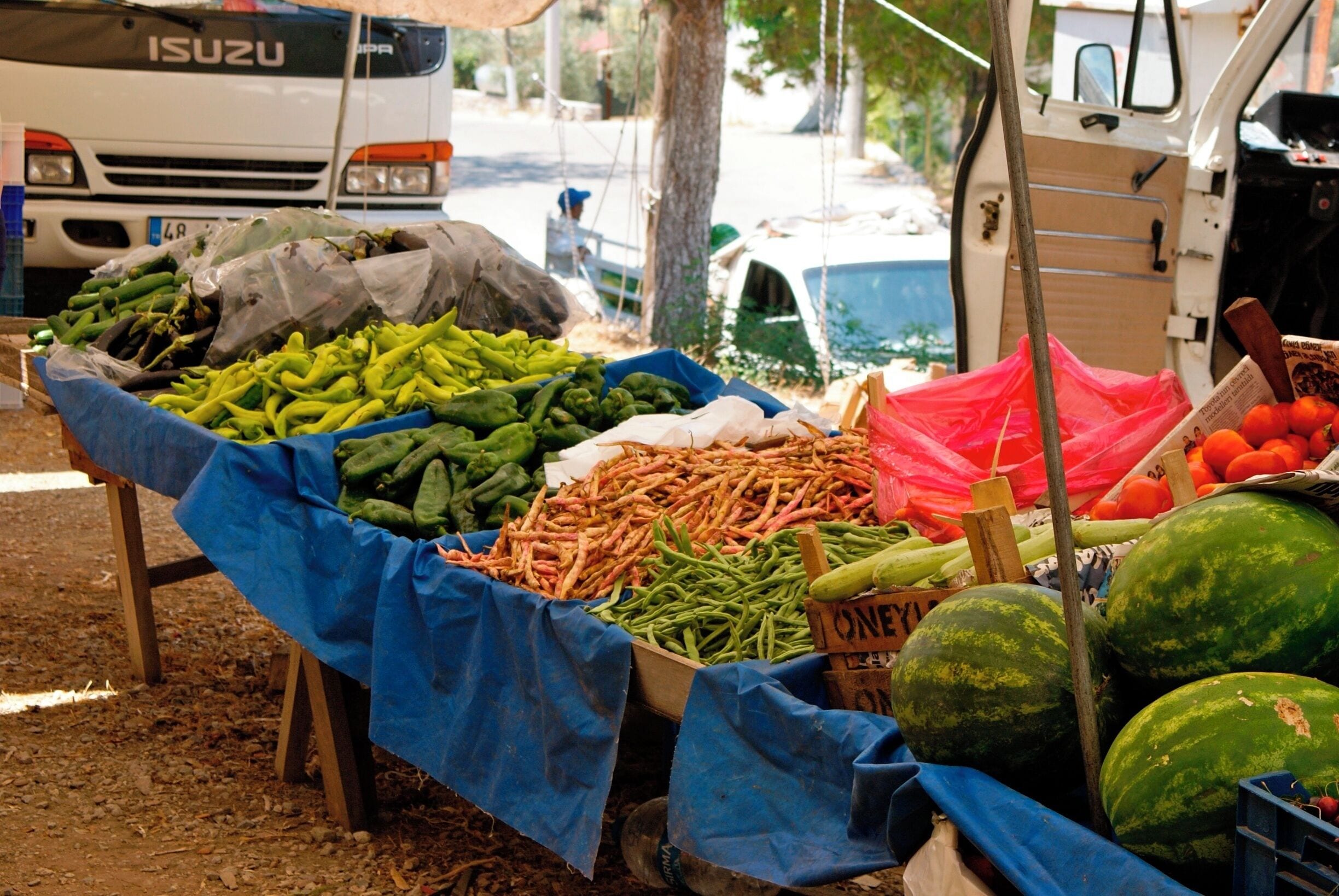 A roadside vegetable market with various fresh produce like cucumbers, green beans, carrots, and watermelons.
