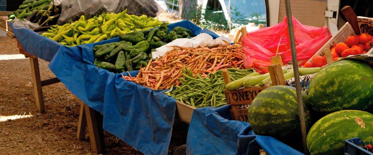 A roadside vegetable market with various fresh produce like cucumbers, green beans, carrots, and watermelons.