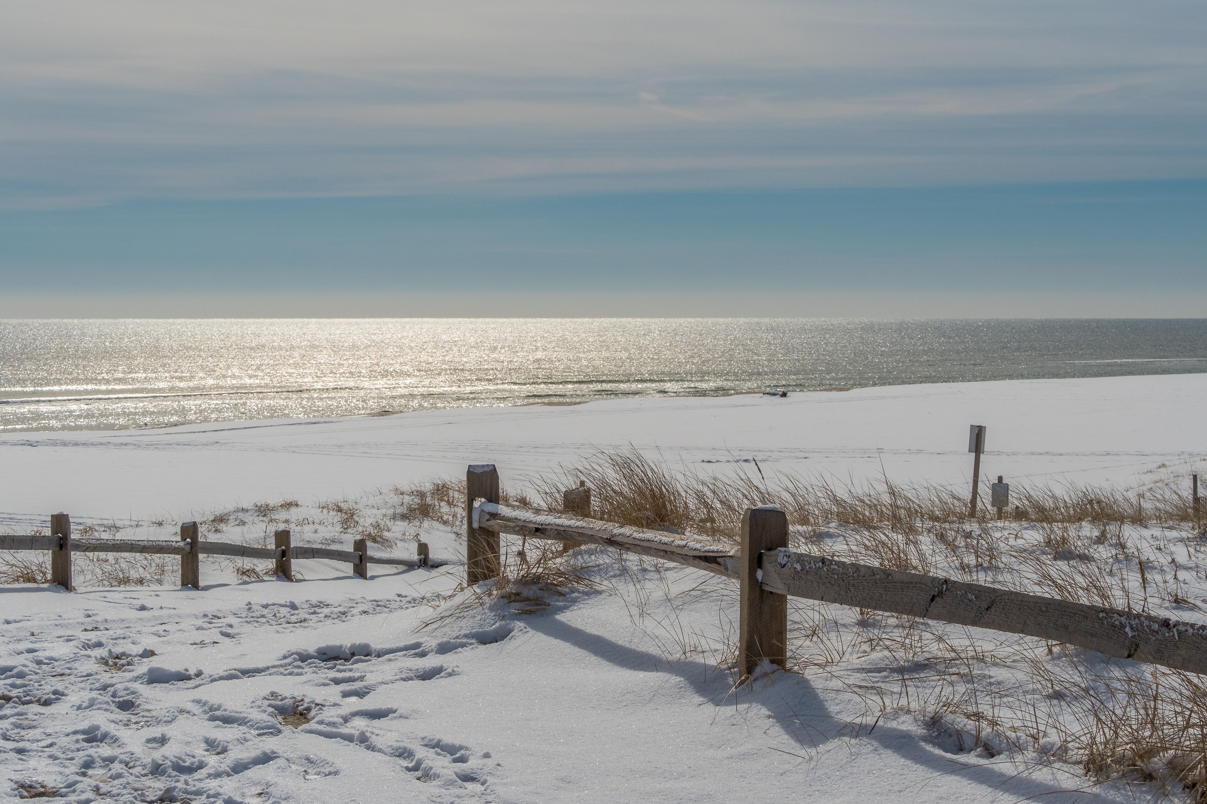 Empty beach after snowfall