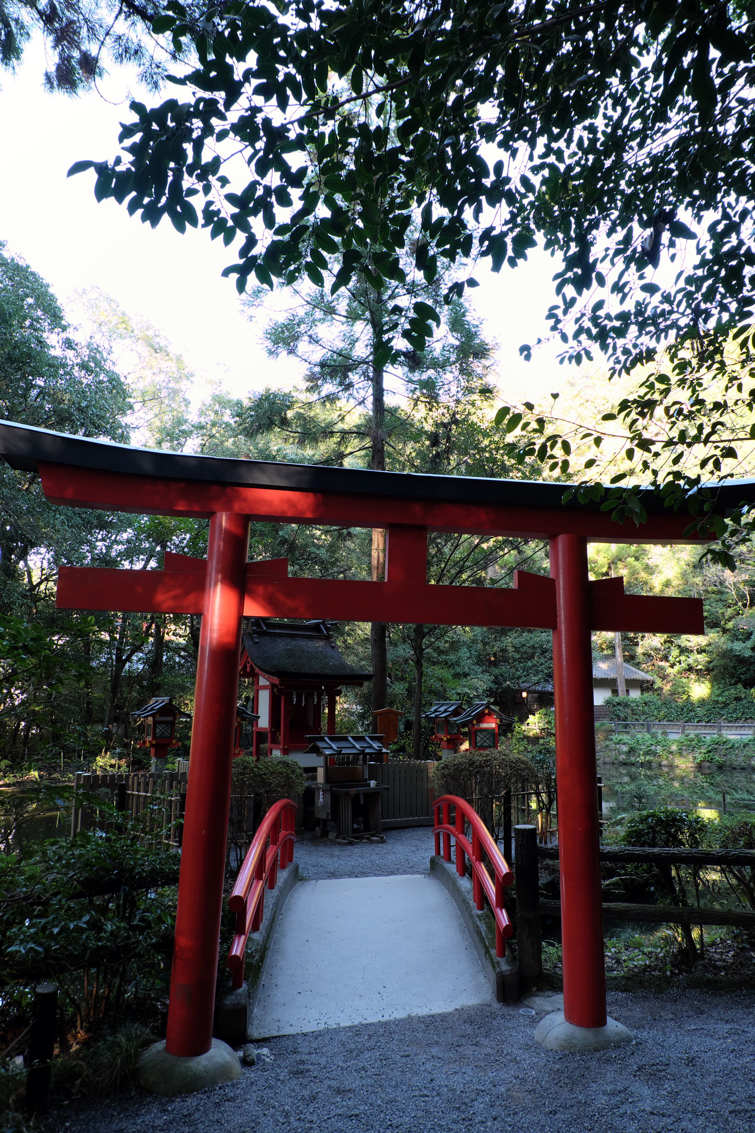 Um tradicional portão torii japonês com um caminho de cascalho passando por ele.