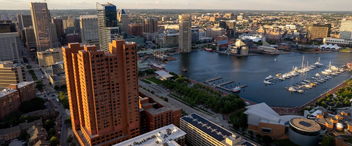 A cityscape with a marina filled with boats, high-rise buildings, and a river.