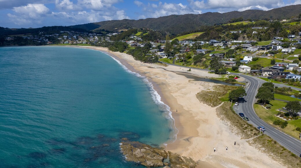 Aerial view of the coastline where azure waters meet the sandy beach next to a road lined with houses, Langs Beach, Northland Region, New Zealand.