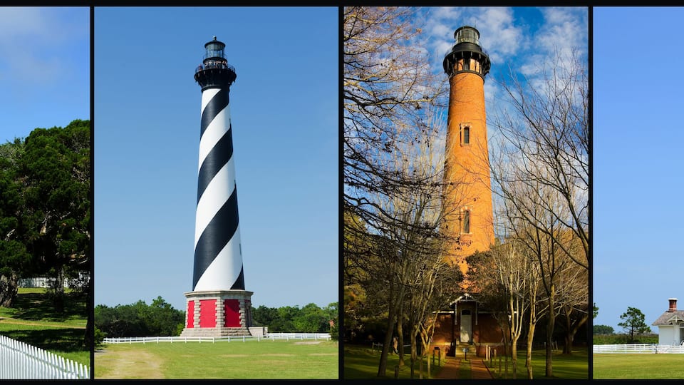Four lighthouses with different designs and surroundings.