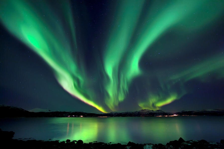 Aurora Borealis over Tjeldsundet in Troms County, Norway.