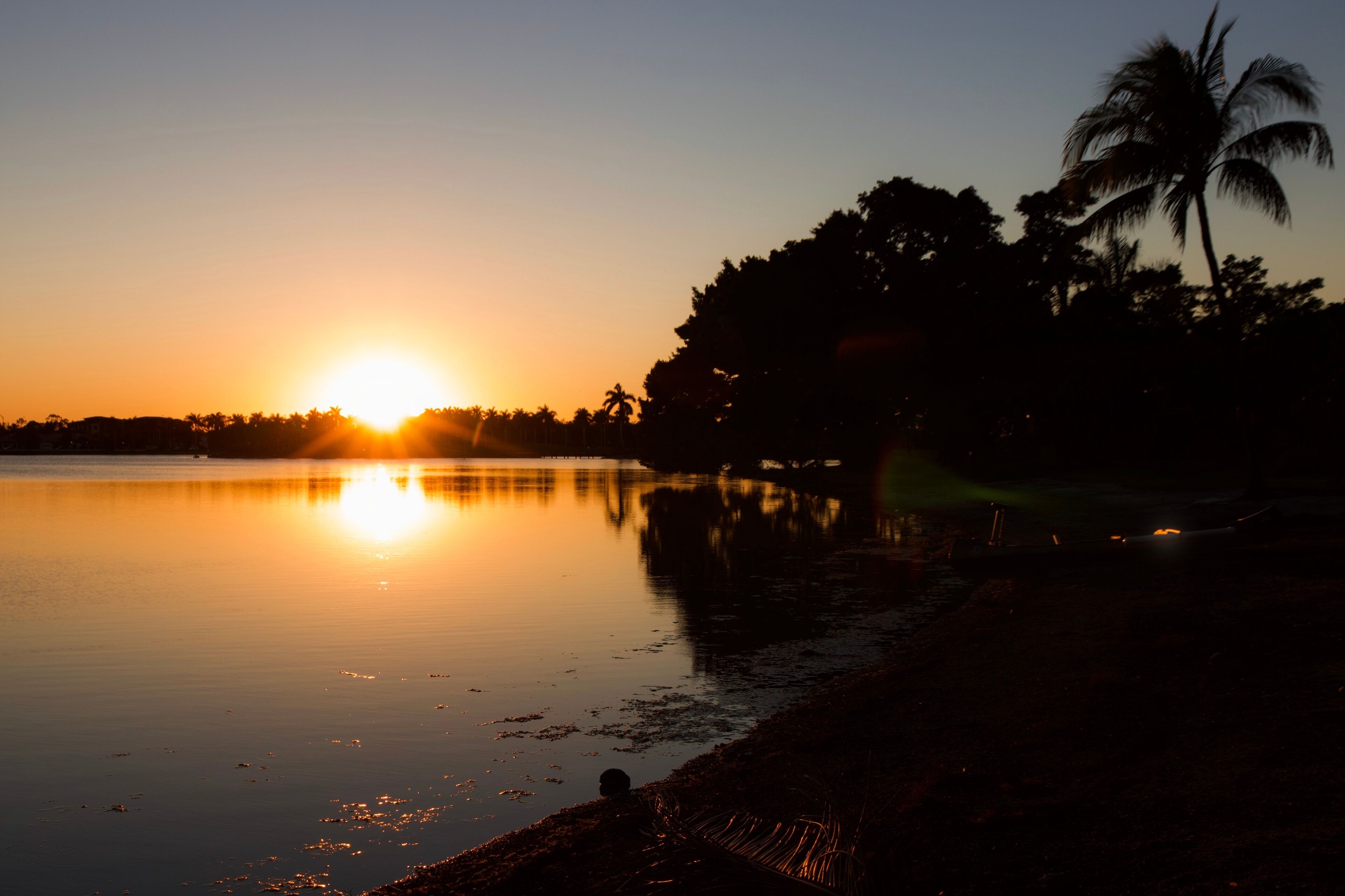 A sunset over a calm lake with palm trees silhouetted against the sky.