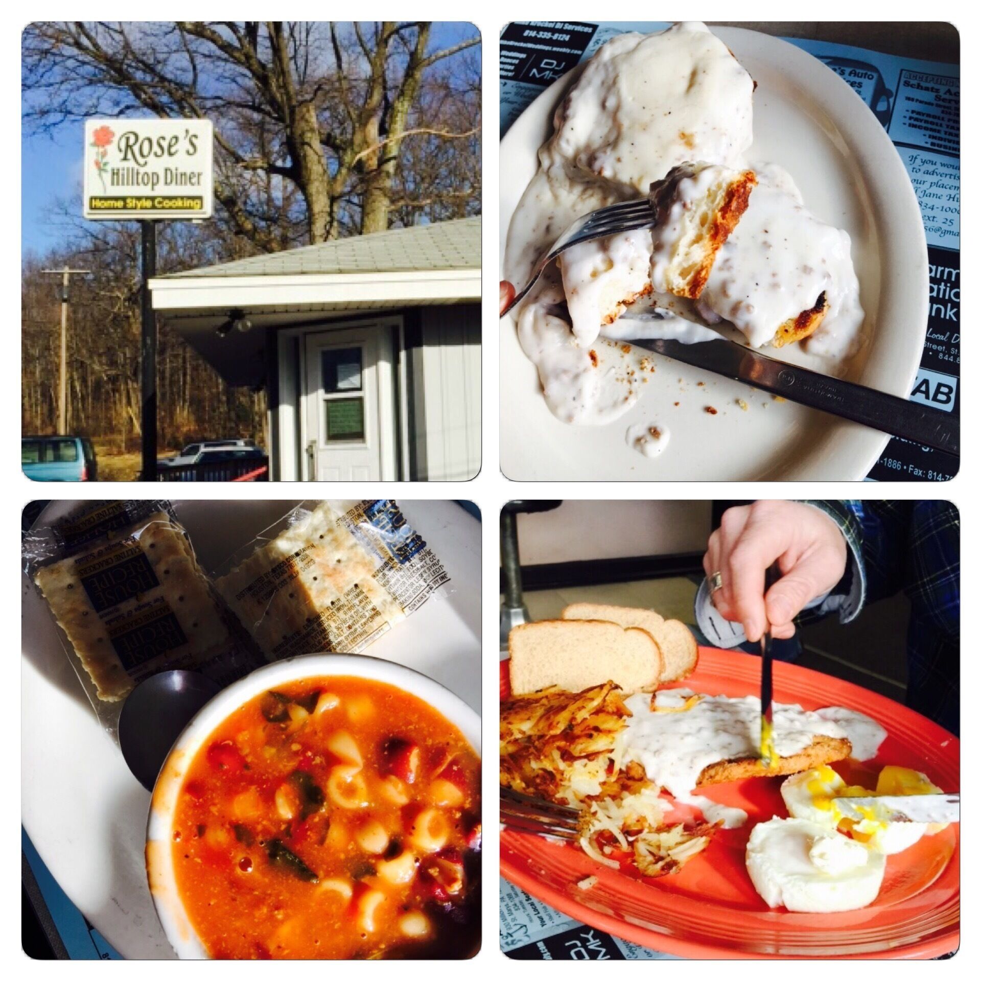 A diner with a sign, a plate of food, and a bowl of soup.
