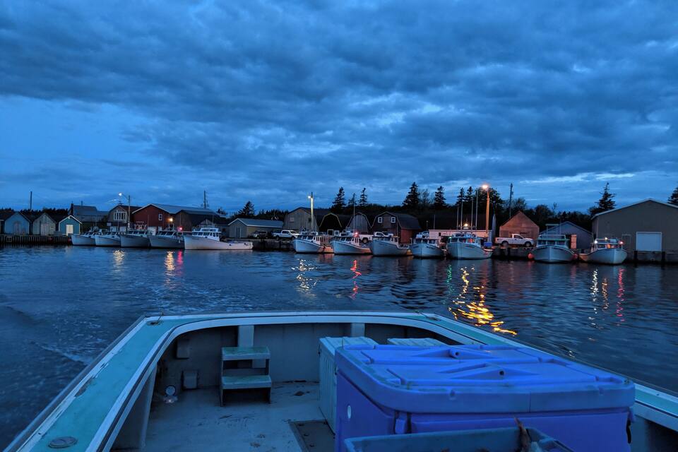 A harbor at dusk with boats docked, buildings, and a cloudy sky.