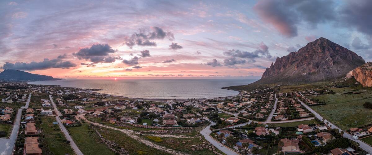 Cornino and Monte Cofano at sunset, aerial panorama