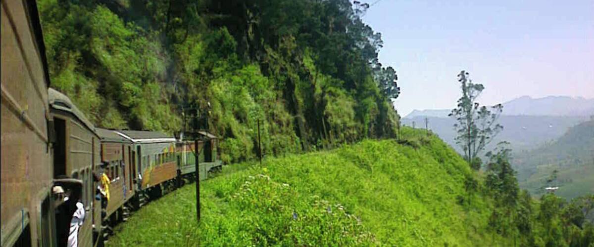 A train traveling through a lush, green landscape with dense vegetation and hills in the background.