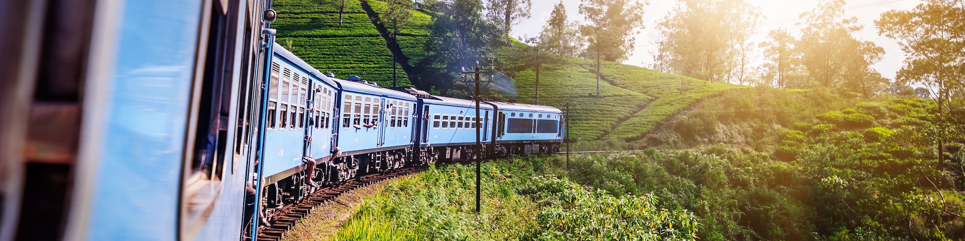 Un tren viajando a través de un paisaje verde y exuberante, con colinas ondulantes y cielo despejado.