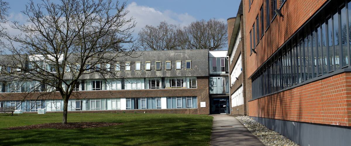 A modern building with a brick facade and large windows, surrounded by a grassy area and a tree.