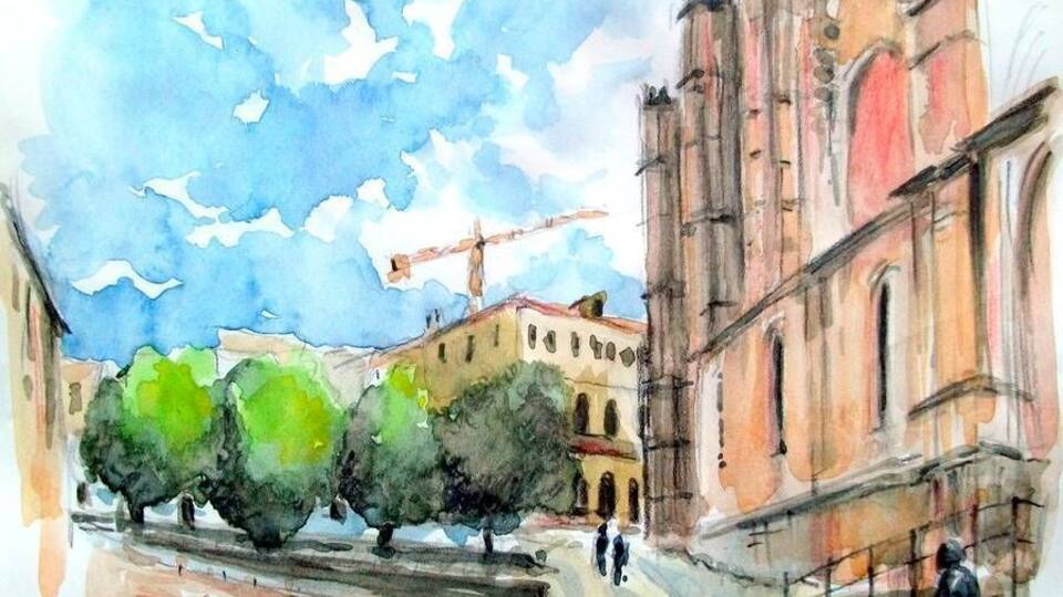 A watercolor painting of a historic building with a large tower, a tree-lined street, and a person walking.