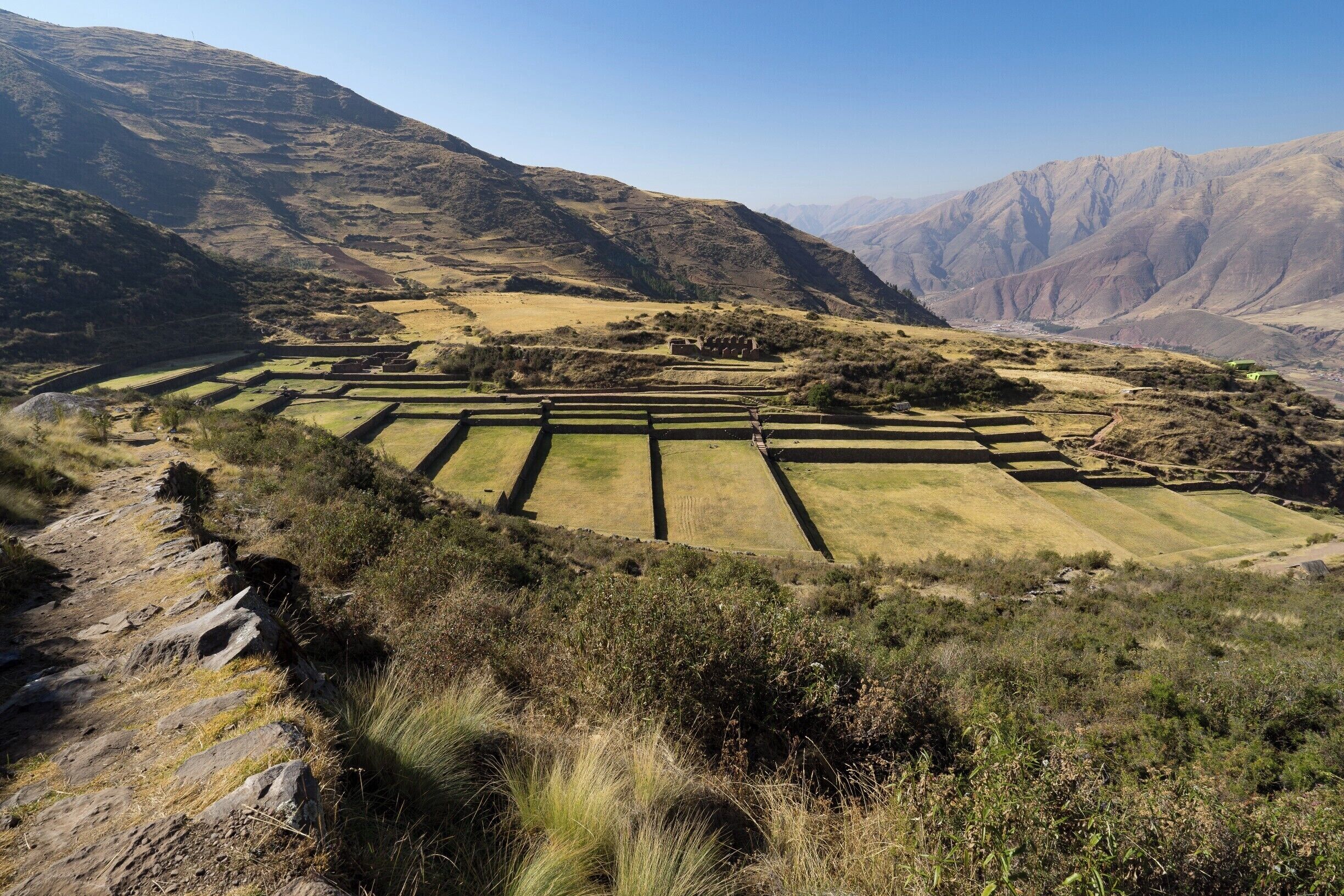 Terraced fields in a mountainous landscape.