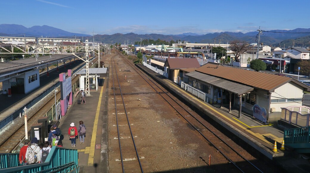 A railway station with tracks, platforms, and a mountainous backdrop.