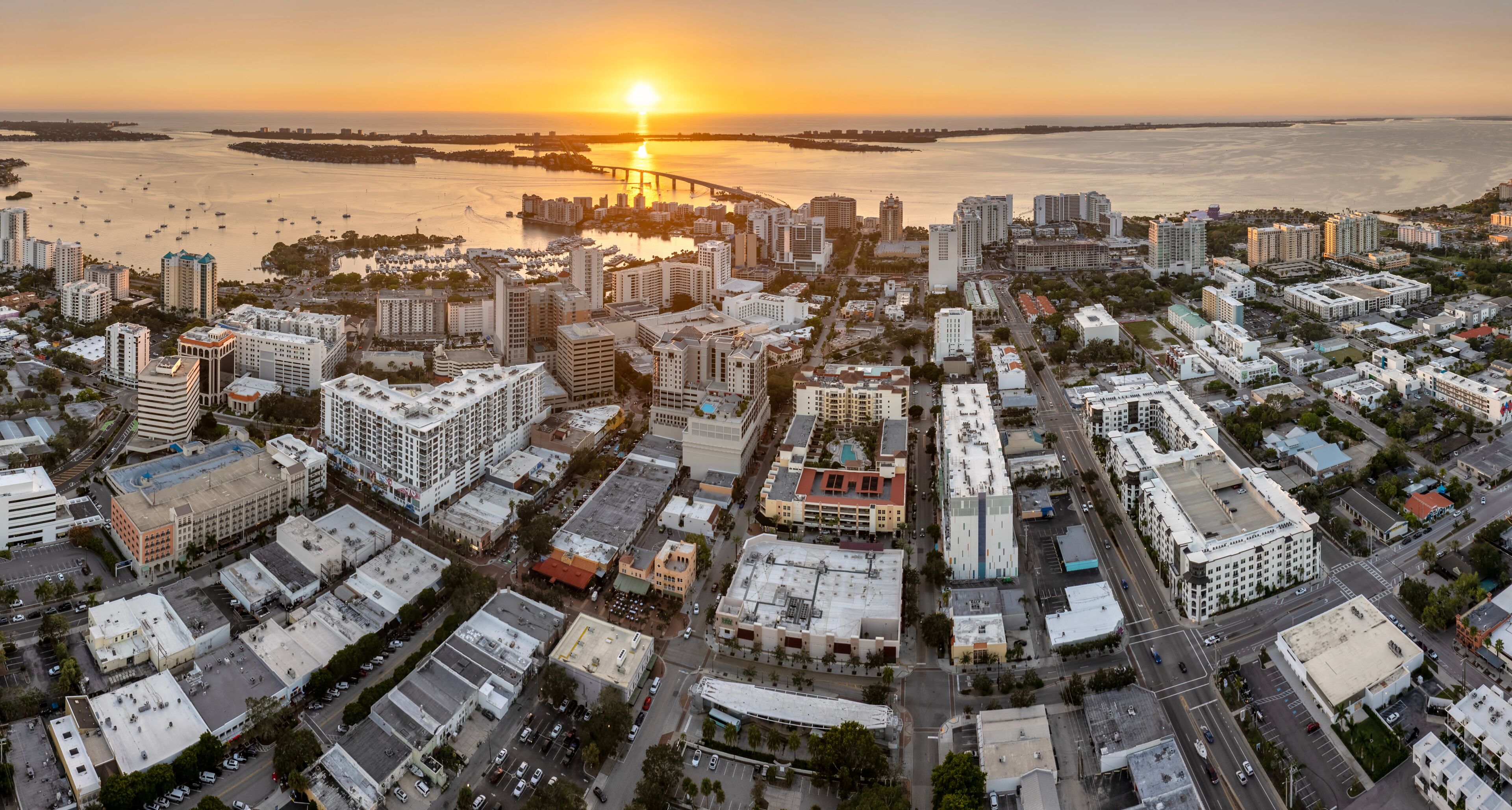 Sarasota, Florida city architecture at sunset. High-rise office buildings in downtown district. Real estate development in Florida. USA travel destination