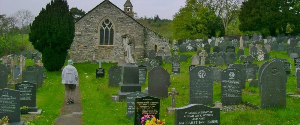 A church surrounded by a cemetery with gravestones.