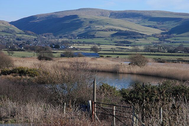 The Afon Dysynni below Pont Dysynni A mature river meandering through reed beds as it makes its way towards Broad Water and the sea beyond.