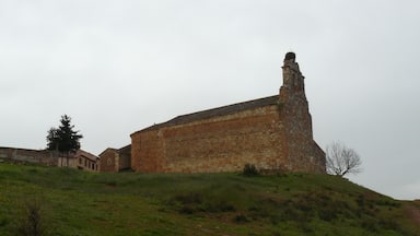 Un gran edificio de piedra histórico con una torre destacada sobre una colina cubierta de césped.