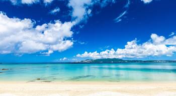 Beautiful view of tropical blue sea or ocean by the white beach and floating a cloud in summer, Okinawa in Japan, Nobody, Landscape or travel, High resolution over 50MP for wallpaper