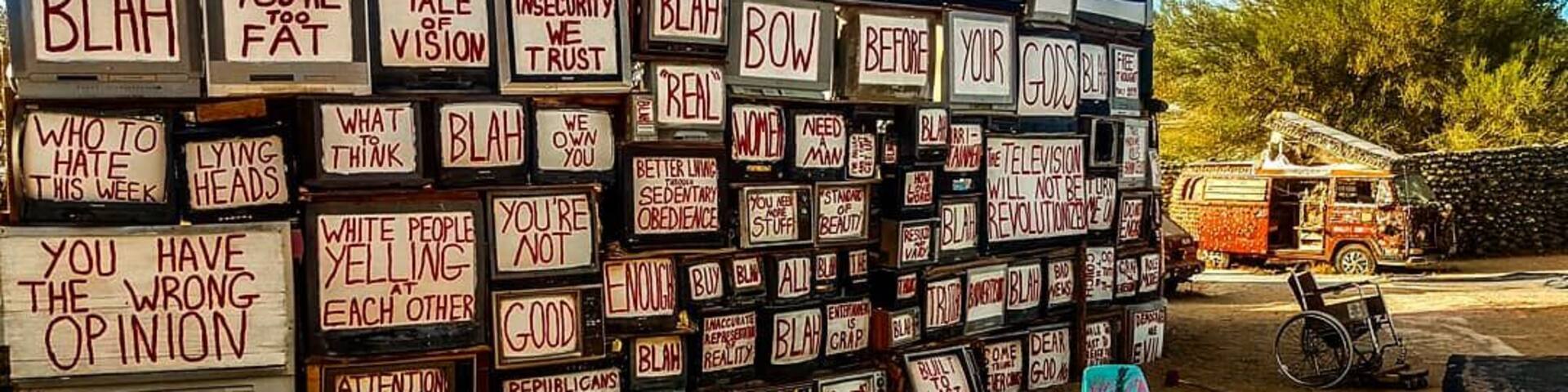 East Jesus. An art installation tucked into the far end of Slab City. The artists do live here full time, but you're unlikely to meet them. The two times I've been here I've never seen a soul.
.
East Jesus is slang for way off the beaten path, and this is certainly where you end up. Of all the wild things in this art area, the wall of TVs is something else. A general rebuke of society and our media driven lives, you feel the monolith surrounding you both literally and metaphorically.
.
Being in this place by yourself also adds a new level of eerieness to the whole experience.
.
.
.
.
#adventure #amongthewild #awakethesoul #adventurenthusiasts #beyondlimits #beyondtravels #beboundless #californiaart #californian #modernoutdoors #majestic_view #neverstopexploring #mthrworld #outside_project #ontheroad #roamtheworld #roamnation #seeyououtthere #socal #slabcity #socalphotographer #traveltheworld