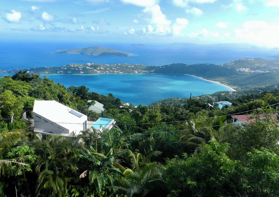 A perfect view of several Virgin Islands and Magens Bay Beach from Mountain Top on St. Thomas.