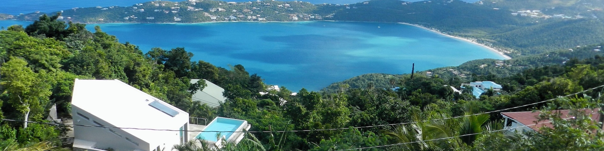 A perfect view of several Virgin Islands and Magens Bay Beach from Mountain Top on St. Thomas.