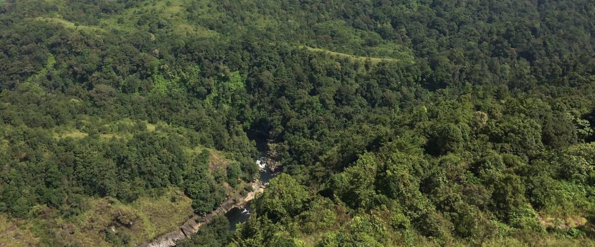 A dense forested mountain range with a river flowing through a valley.