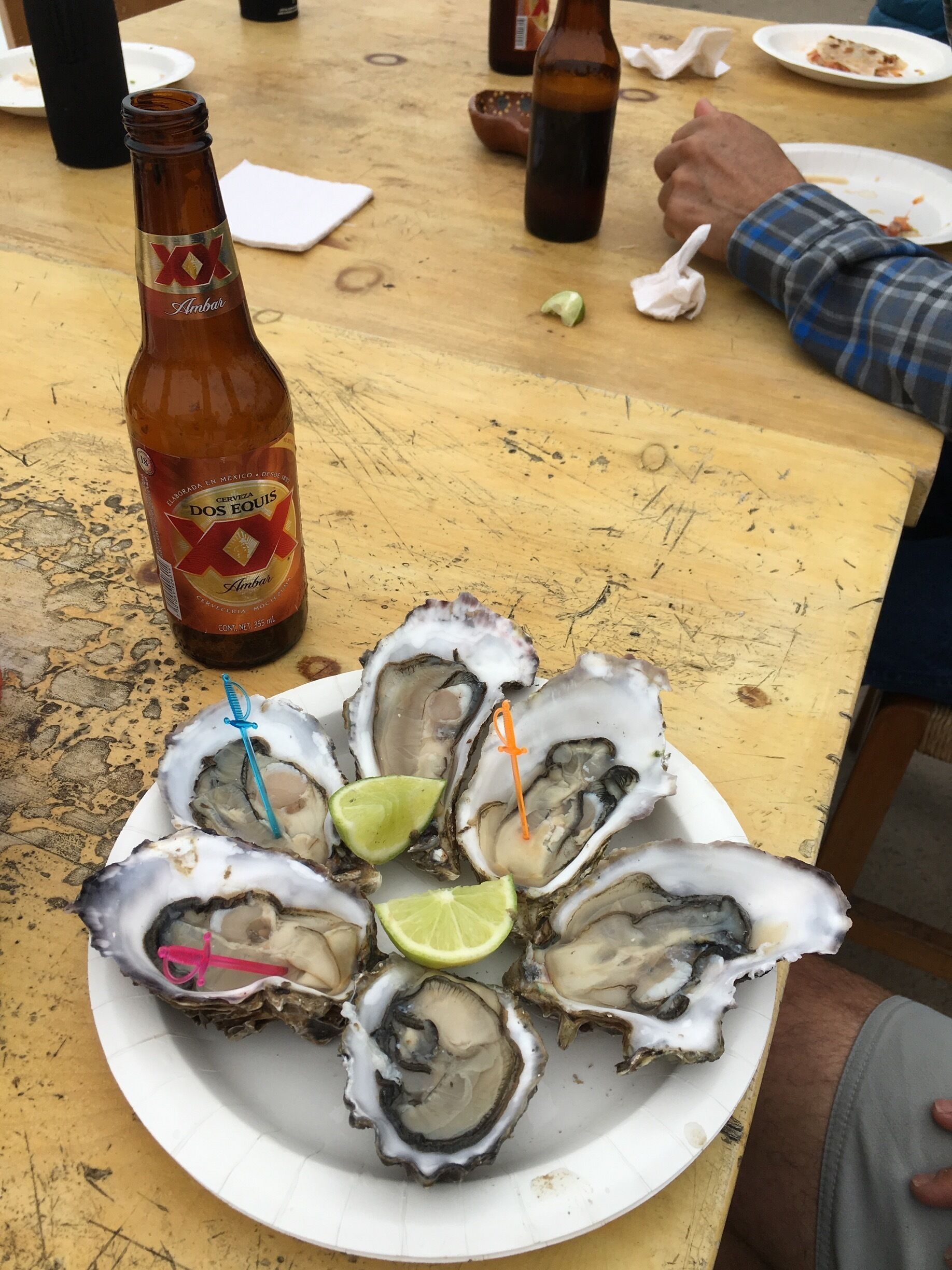 A plate of oysters with lime wedges and cocktail sticks, a bottle of beer, and a wooden table.