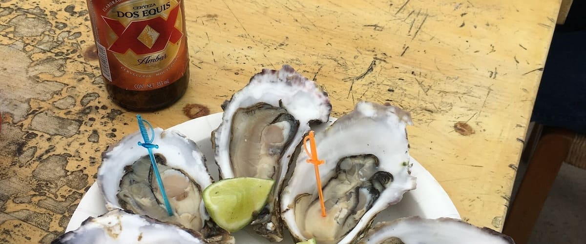 A plate of oysters with lime wedges and cocktail sticks, a bottle of beer, and a wooden table.