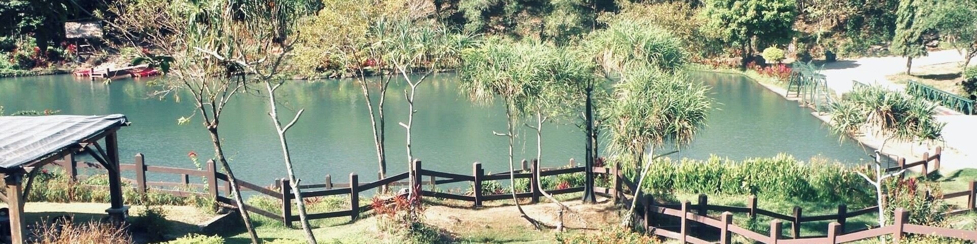 A serene lake surrounded by lush greenery and a wooden fence.