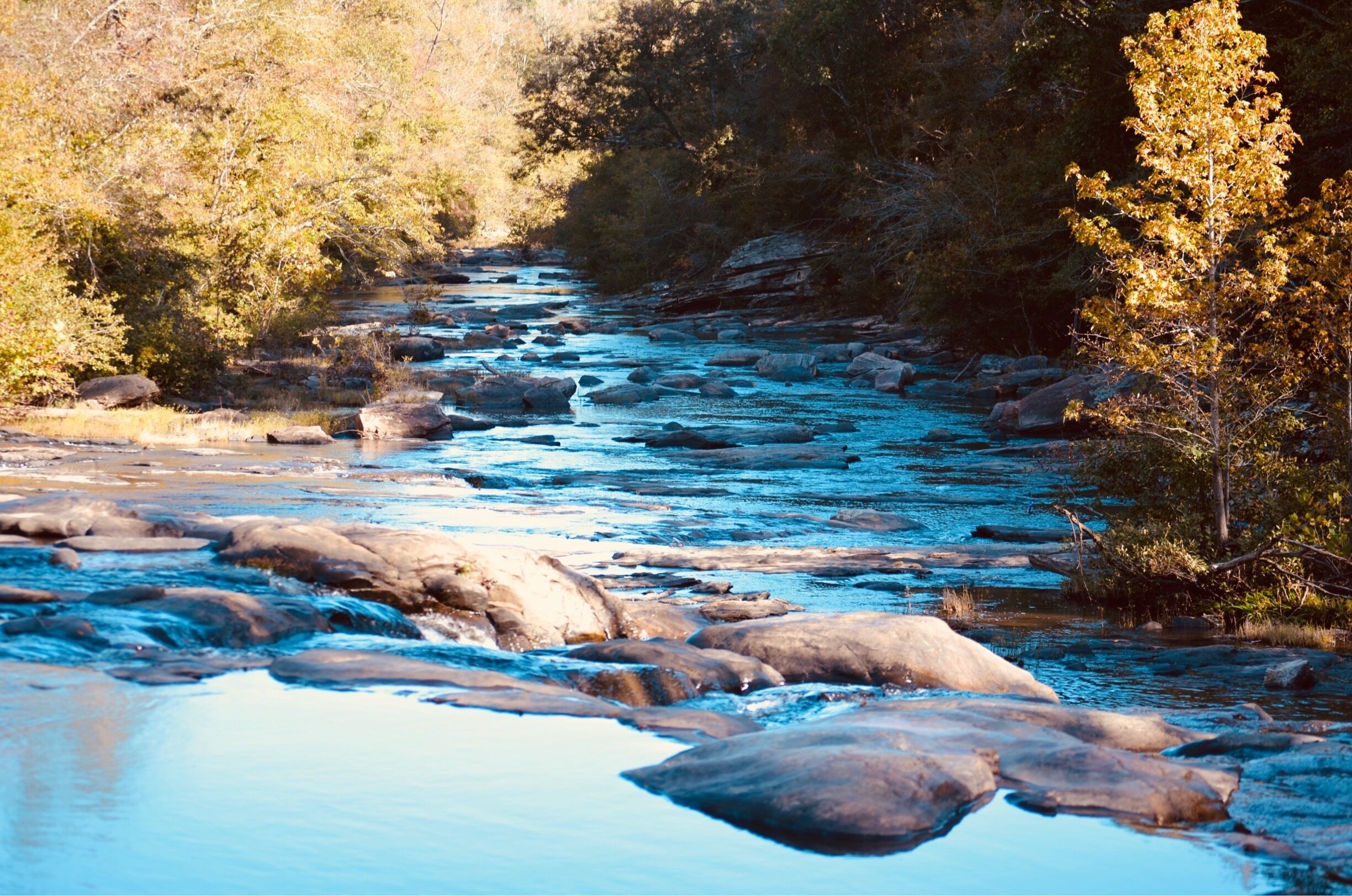 A river flowing through a rocky landscape with trees on both sides.