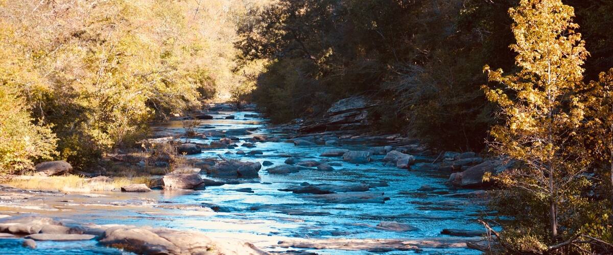 A river flowing through a rocky landscape with trees on both sides.