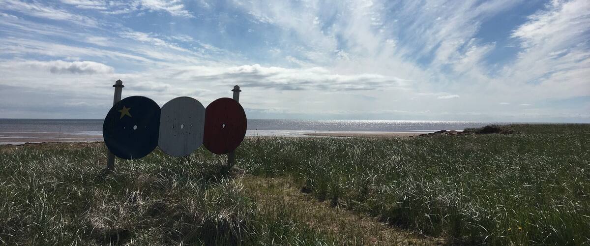 A grassy field with a row of three flags and a beach in the background.