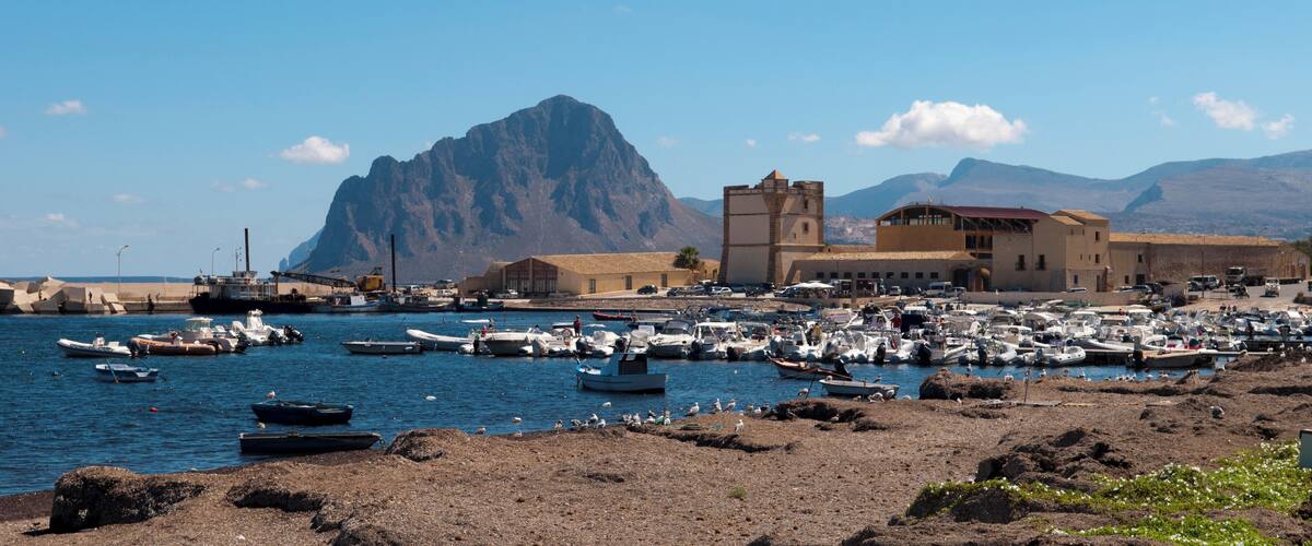 A coastal town with a rocky shoreline, numerous boats docked in a marina, and a prominent mountain in the background.