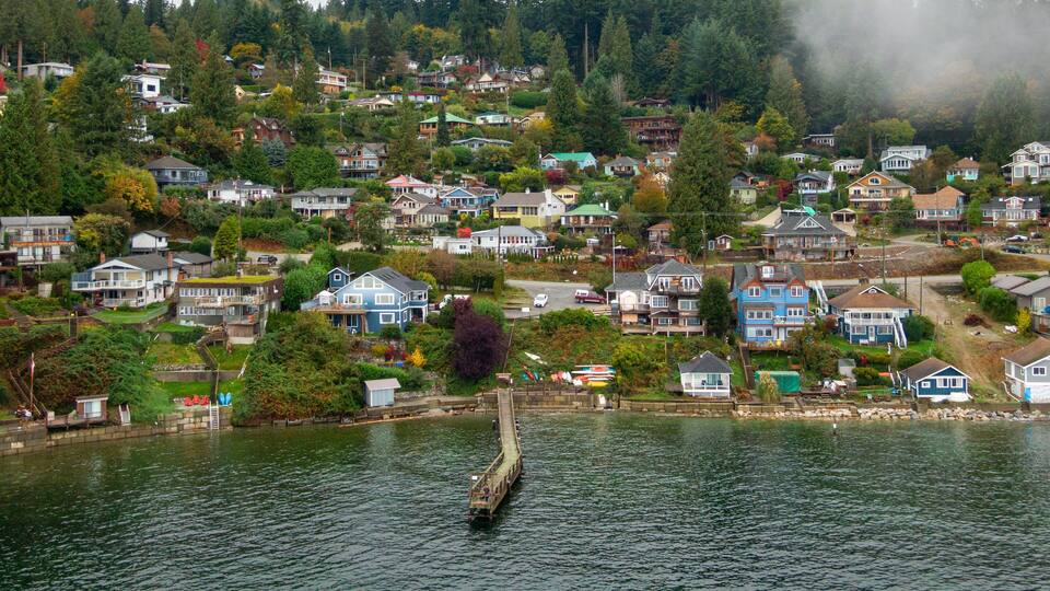 A coastal residential area with houses, a dock, and a forested hillside.
