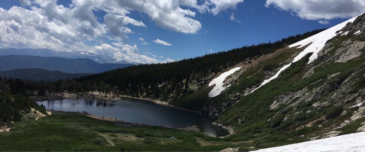 A mountain lake surrounded by forest and snow-covered slopes.