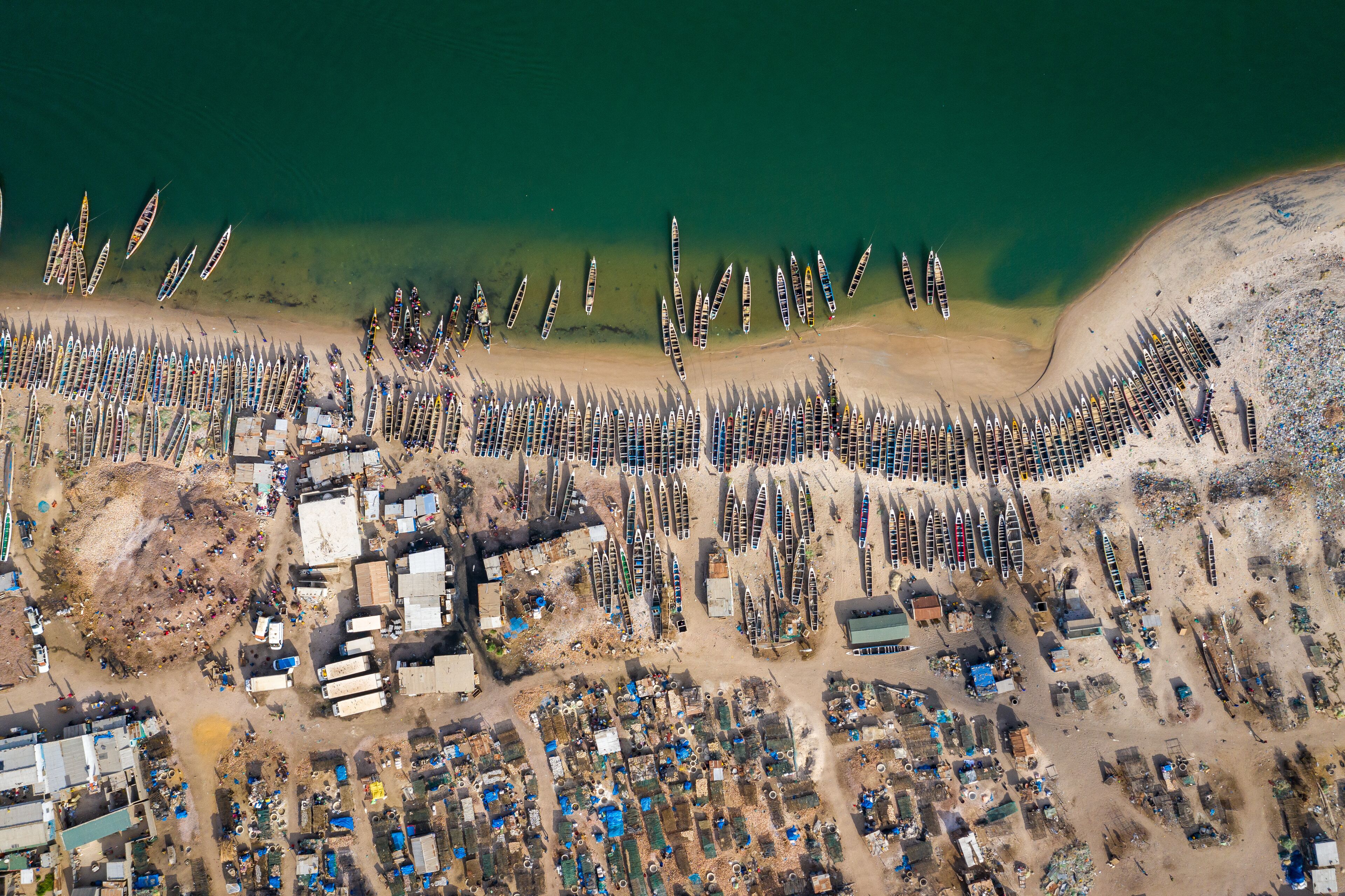 Aerial view of fishing village of Djiffer. Saloum Delta National Park, Joal Fadiout, Senegal. Africa. Photo made by drone from above.