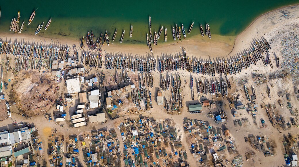 Aerial view of fishing village of Djiffer. Saloum Delta National Park, Joal Fadiout, Senegal. Africa. Photo made by drone from above.